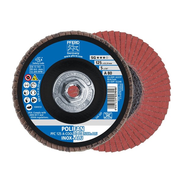 Pferd 5" x 5/8-11 Thd. POLIFAN Flap Disc - A-COOL SG INOX+ALU, Aluminum oxide, 80 Grit, Conical 62246 - main